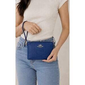 Coach Blue Pebbled Leather Zip Wristlet Wallet